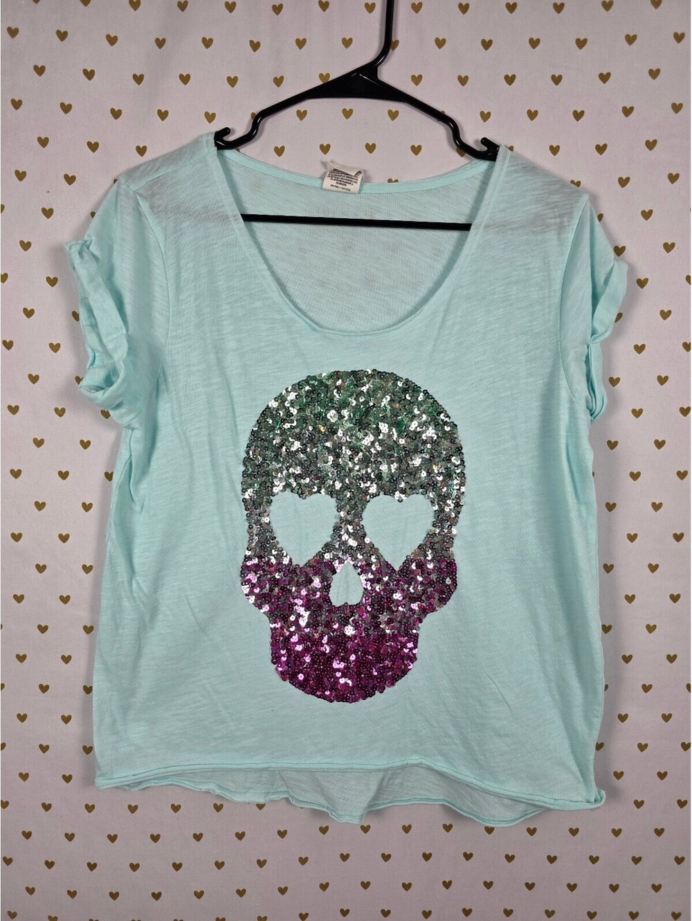 Victorias Secret PINK Bling gradient SKULL Tee shirt Halloween LARGE